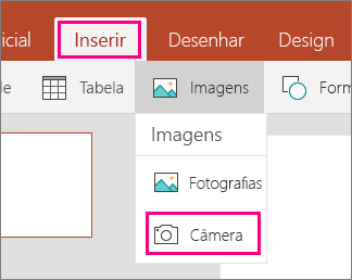 Mostra a opção Inserir imagem da câmera no Office móvel para Windows 10