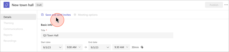 Captura de tela destacando a interface do usuário para salvar e enviar convites da reunião geral