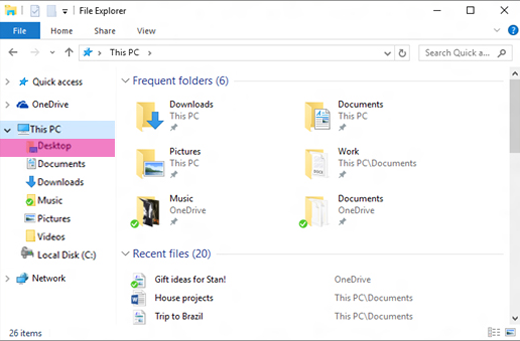 Uma janela do Windows Explorador de Arquivos com ''Desktop'' realçada no painel esquerdo