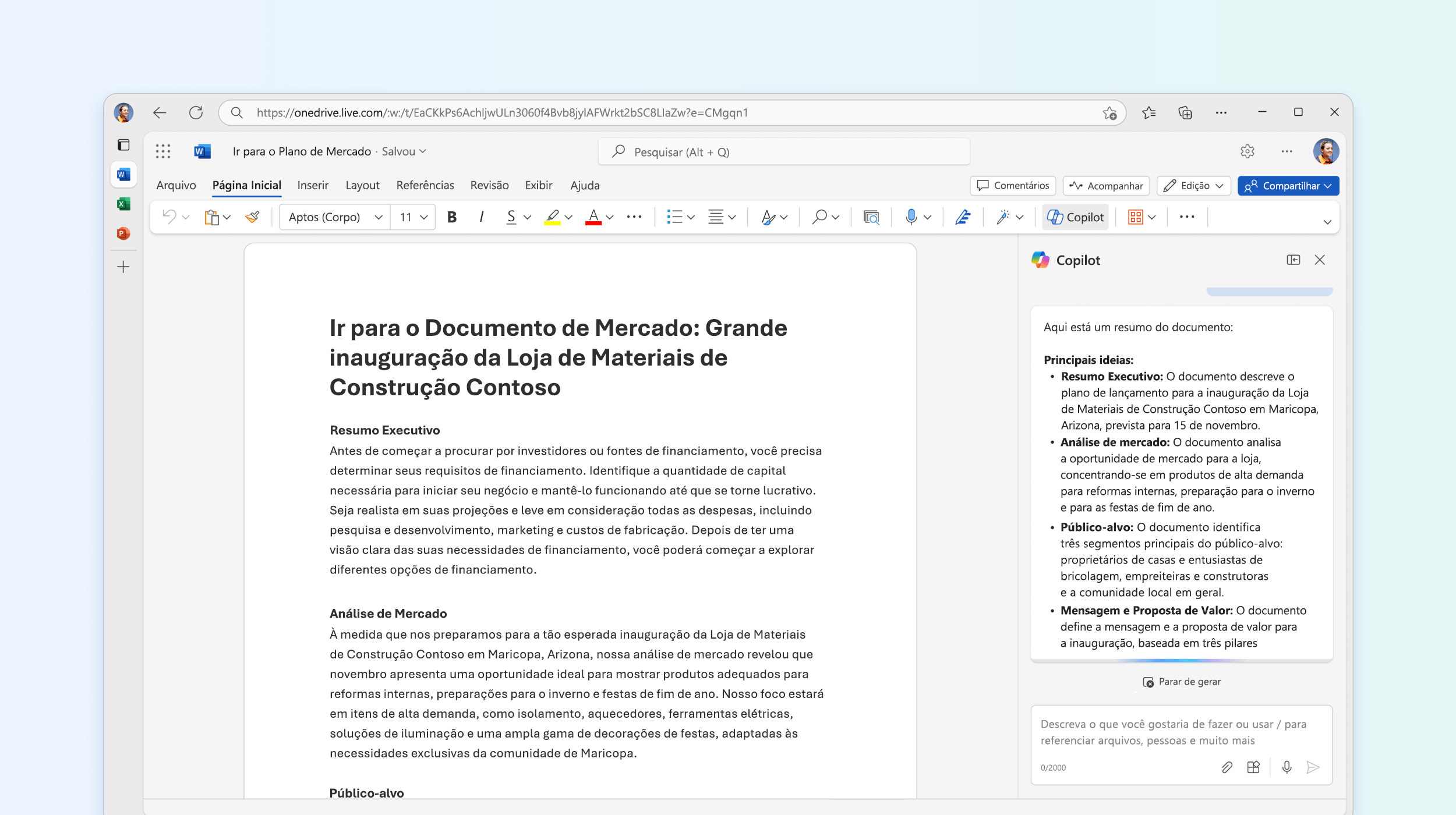 A captura de tela mostra o Copilot no Word resumindo o documento.