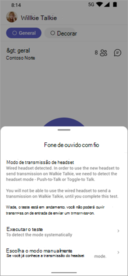 Telashsot da tela do modo de transmissão de fone de ouvido no Walkie Talkie, mostrando opções, ao conectar um fone de ouvido com fio.