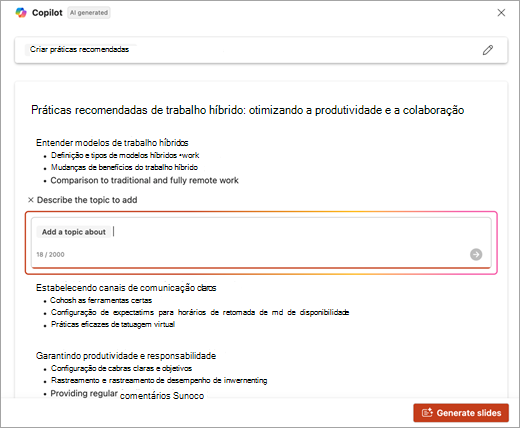 Captura de tela do local para inserir a descrição do tópico que foi adicionado ao usar o PowerPoint Copilot.