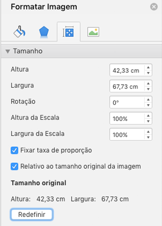 captura de tela mostrando o painel Formatar Imagem do Excel com o botão Redefinir realçado.