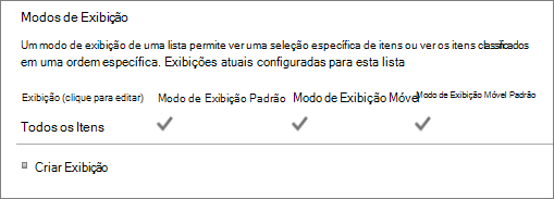 Seção De exibição de lista em Configurações de lista