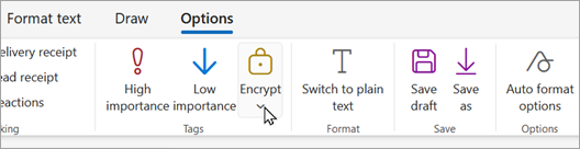 A nova barra de ferramentas de correio tem um botão encriptar onde pode escolher opções de encriptação.