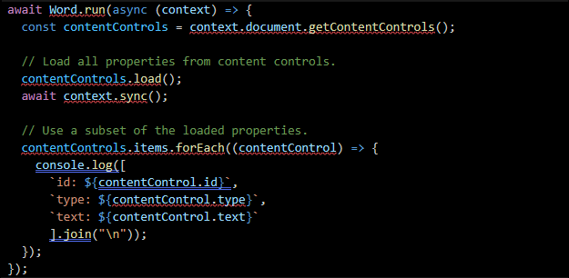 Word captura de tela do exemplo de código da API JavaScript