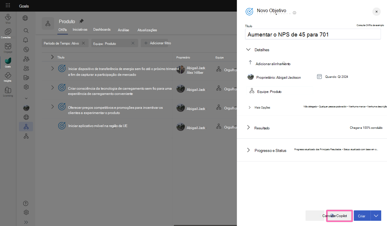 Captura de tela mostrando a caixa de diálogo Novo Objetivo com um título inserido e foco no ícone Copilot.