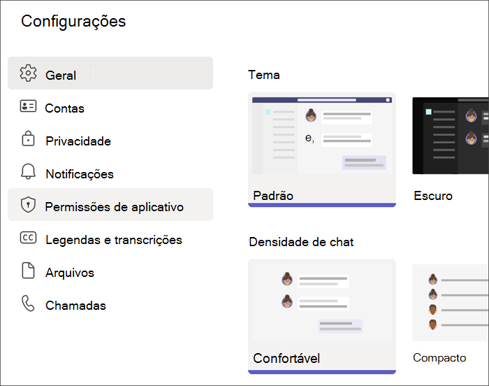Captura de tela das configurações do Teams de um perfil de aluno. As permissões de aplicativo são realçadas.