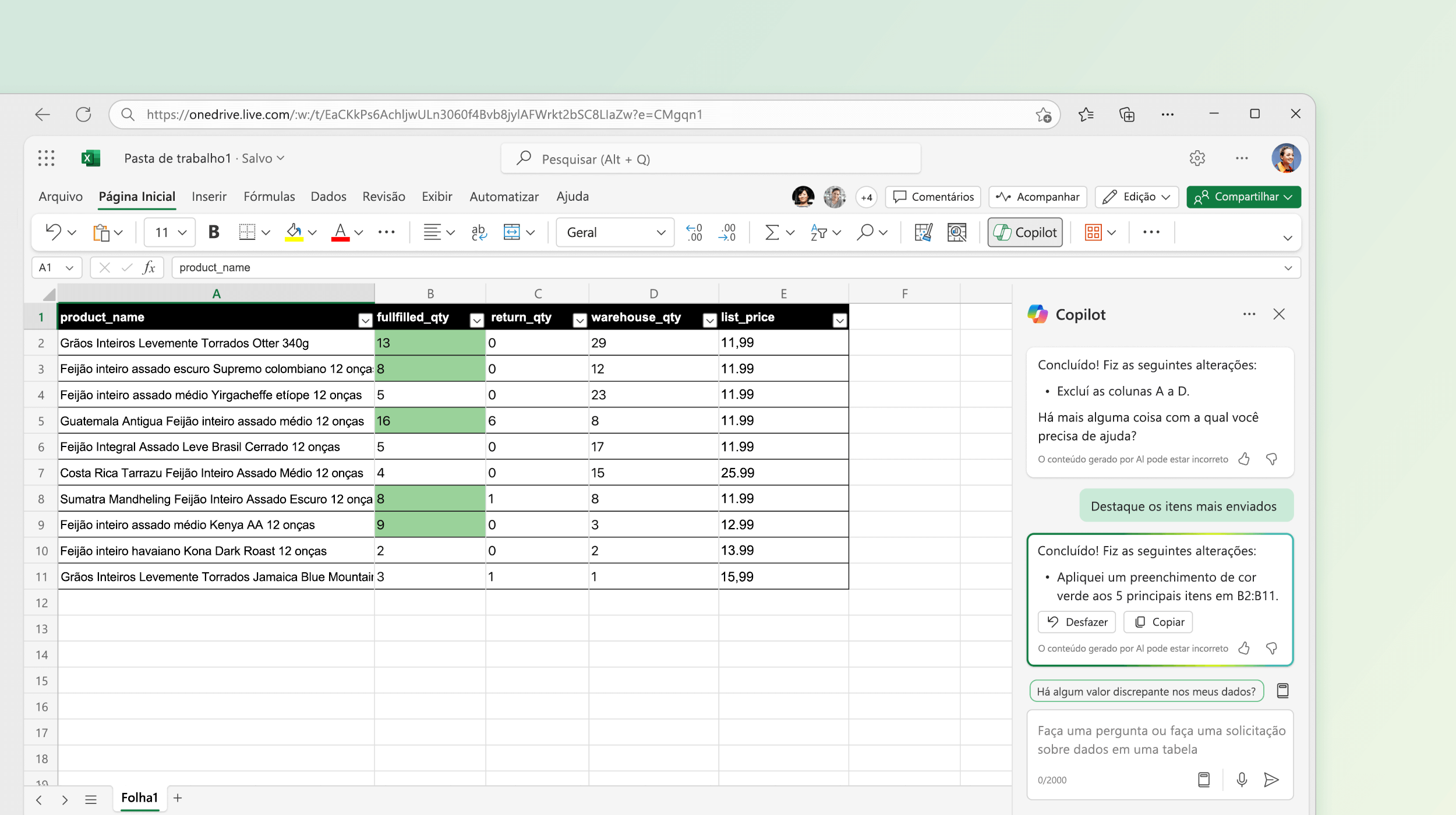 A captura de tela mostra o Copilot no Excel fazendo alterações nos dados existentes.