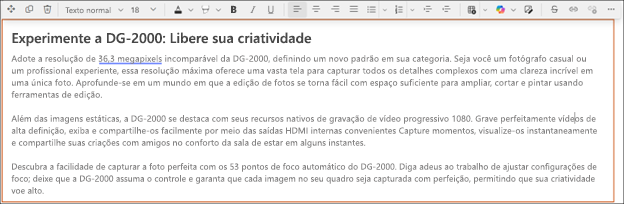 Depois – exemplo de como usar o ajuste de tom com o Copilot no editor de rich text do SharePoint