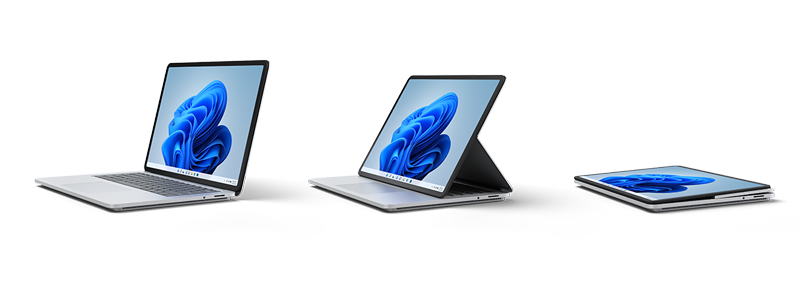 Surface Laptop Studio no modo laptop, modo de estágio e modo de estúdio
