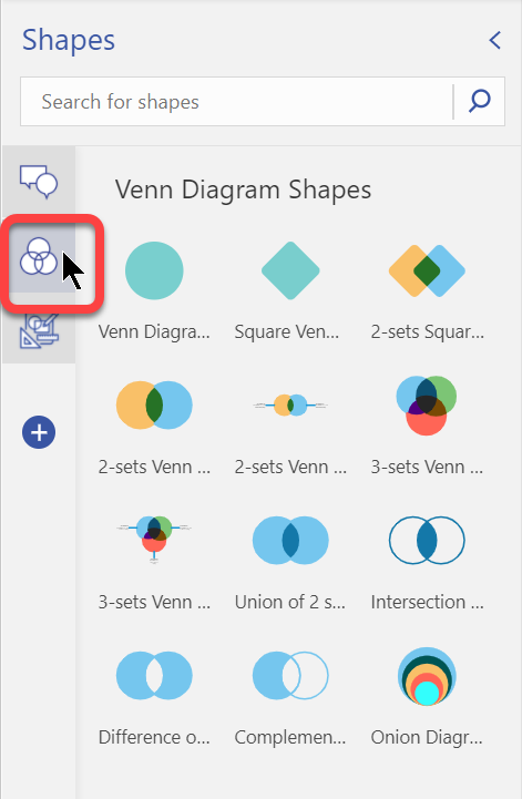 O painel Formas tem várias variações de formas que você pode usar no diagrama de Venn.