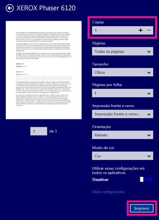 Opções da impressora do aplicativo Reader no Windows 8