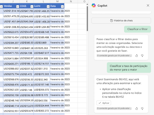 Captura de tela de como classificar dados usando o Copilot no Excel.