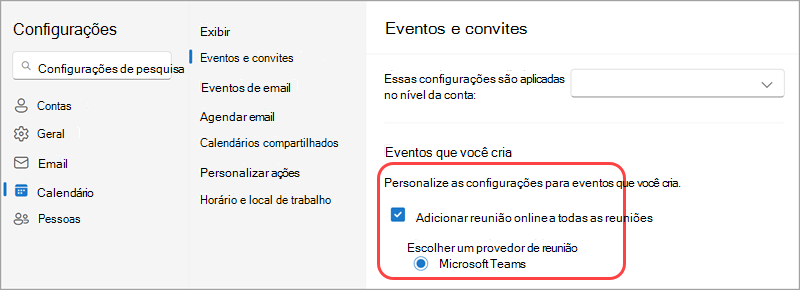 Faça da Microsoft seu provedor de reunião online padrão em configurações de calendário.