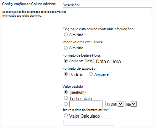 Opções para a coluna de data/hora