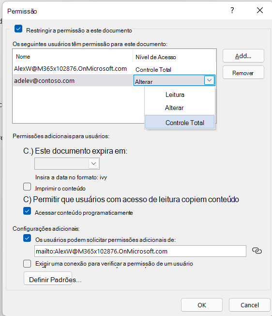 A caixa de diálogo mais opções das configurações de IRM mostrando opções adicionais para controlar o acesso a um arquivo.