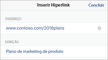A caixa de diálogo Inserir Hiperligação a mostrar os campos ENDEREÇO e ECRÃ.