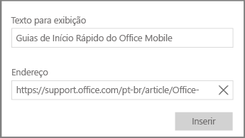 Captura de tela da caixa de diálogo para adicionar um link de hipertexto no OneNote para Windows 10.