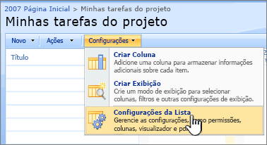 No botão Configurações, clique em configurações da lista