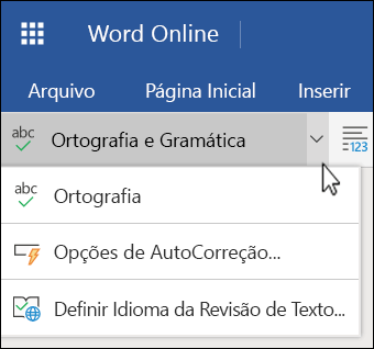 A lista de opções de Ortografia e Gramática, expandida, no Word Online