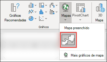 Para inserir um gráfico de mapa, selecione qualquer célula dentro do intervalo de dados e vá para Inserir > Gráficos > Mapas > selecione o ícone Mapa Preenchido.