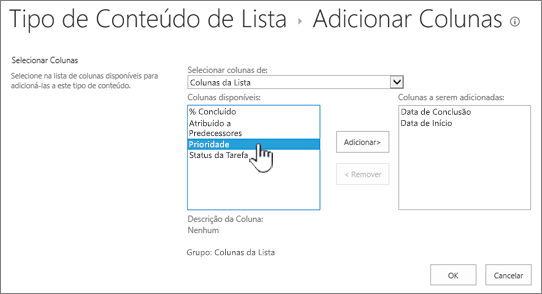 Página Adicionar colunas com uma coluna disponível realçada