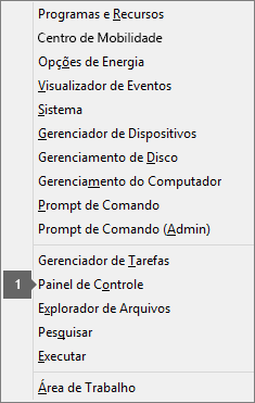 Lista de opções e comandos observados após pressionar a tecla do logotipo do Windows + X
