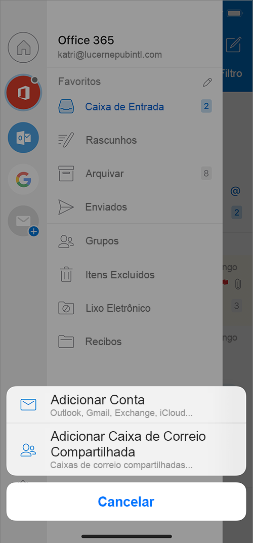 Tela do Outlook com o comando Adicionar Caixa de Correio Compartilhada
