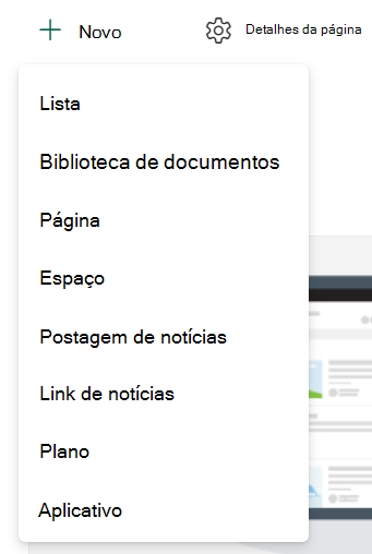 Captura de tela de criar nova lista ou biblioteca