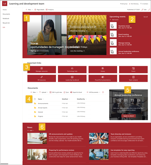 Captura de tela do modelo completo de site de equipes de desenvolvimento e aprendizado com etapas numeradas