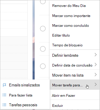 Prima sem soltar (ou clique com o botão direito do rato) para aceder ao menu de contexto. Selecione Mover tarefas para ... e selecione a lista para a qual pretende mover a tarefa.