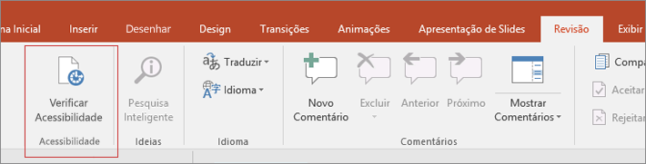 Recorte de tela da interface de usuário do Word mostrando Revisar > Verificar Acessibilidade com uma caixa vermelha ao redor dela.