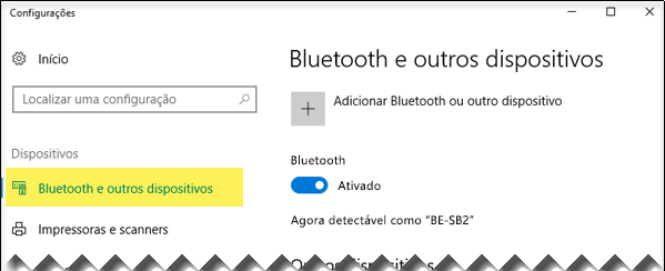 Verificar se Bluetooth e outros dispositivos está selecionado no lado esquerdo