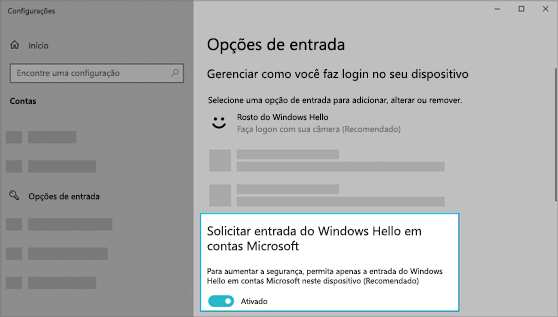 A opção de usar o Windows Hello para fazer login em contas Microsoft foi ligada.