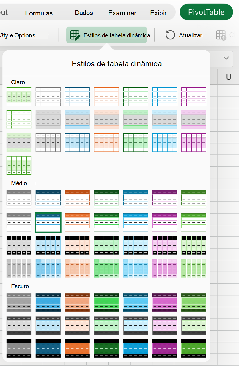 Galeria estilos de tabela dinâmica no iPad