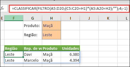 Use FILTRO com a função CLASSIFICAR para retornar todos os valores no nosso intervalo matriz (A5:D20) que tenham Maçãs E estejam na região Leste, e classifique unidades em ordem decrescente.