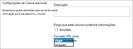 Opções de coluna de imagem/hiperligação