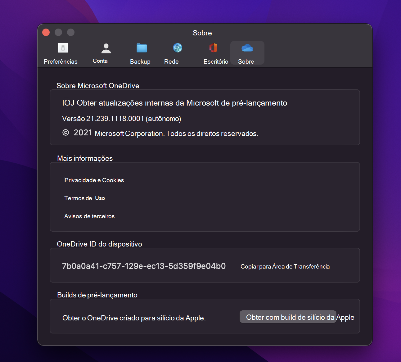 Captura de tela da página de configurações do OneDrive em um computador Mac.