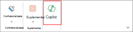 Captura de tela de como acessar o botão do Copilot na faixa de opções do Excel.