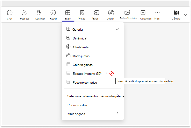 Captura de tela mostrando a lista suspensa de espaço imersivo (3D) sendo bloqueada, pois seu computador não é capaz de executá-lo.