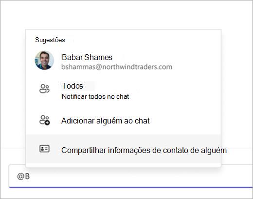Captura de tela mostrando como puxar um contato para compartilhar usando @menção.