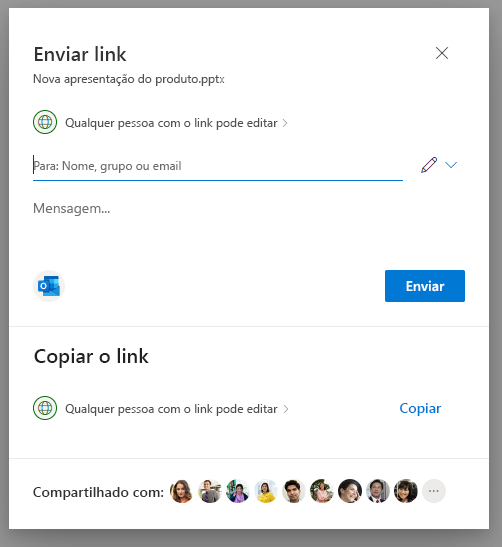 Captura de tela da página Configurações de link no pop-up Compartilhar no OneDrive