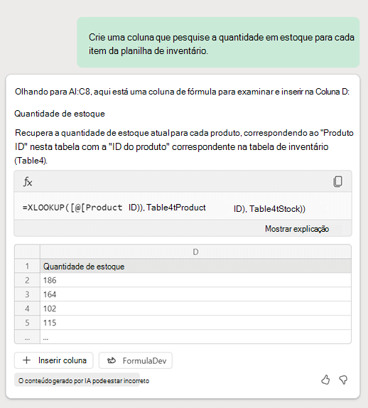 Copilot no Excel cria uma fórmula XLookup com base num pedido do cliente que pede uma coluna que procura dados de inventário noutra folha.