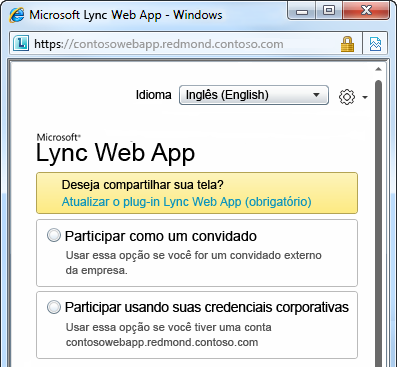 Opções para ingressar em uma reunião com o Lync Web App