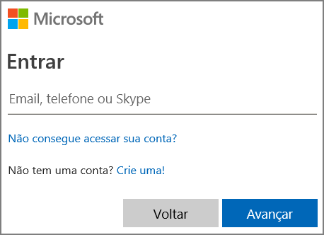 Captura de tela da página de entrada da Microsoft
