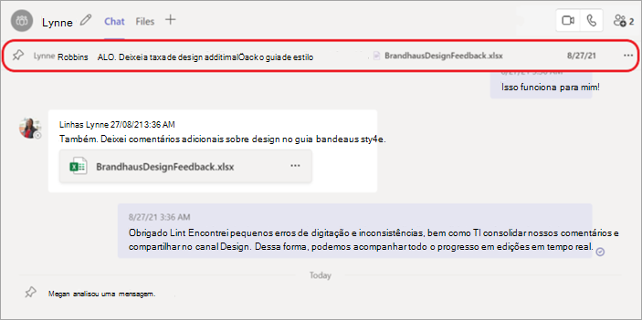 Captura de tela mostrando uma mensagem de chat fixada na parte superior de um chat