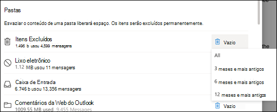 Configurações de armazenamento para Outlook.com.