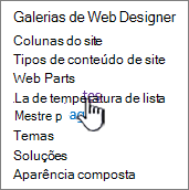 O link modelos de lista na página Configurações do site