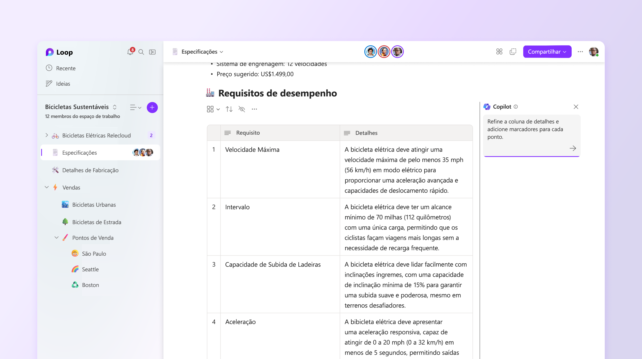A captura de tela mostra o Copilot no Loop editando os detalhes.